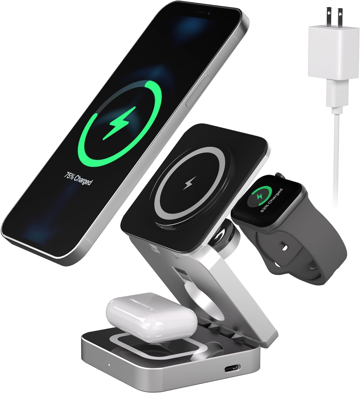 MagCHARGE HUB™  3 In 1 Foldable Magnetic Wireless Charger Stand For iPhone 15, 14, 13 Pro/Max/Plus, AirPods 3/2 Station Dock Fast Charger Holder - Welfre.com