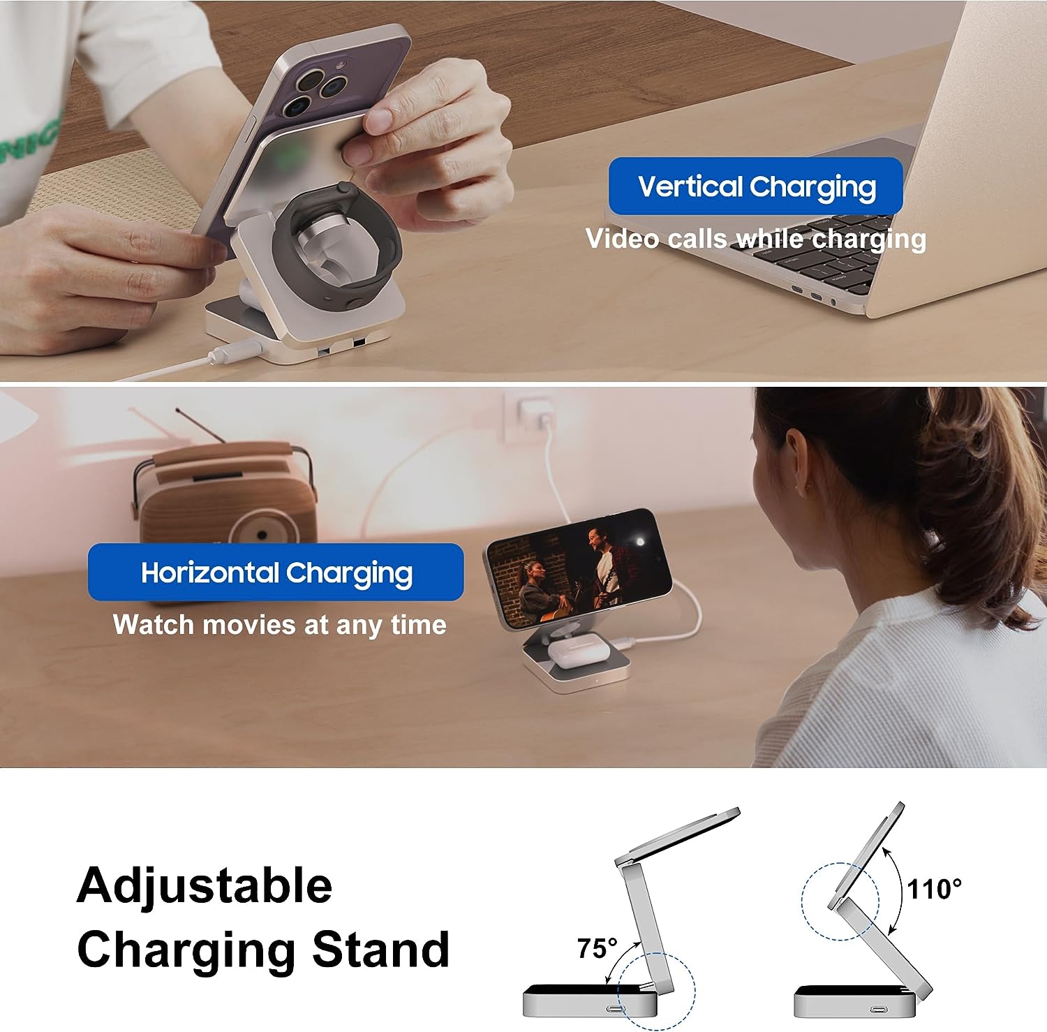 MagCHARGE HUB™  3 In 1 Foldable Magnetic Wireless Charger Stand For iPhone 15, 14, 13 Pro/Max/Plus, AirPods 3/2 Station Dock Fast Charger Holder - Welfre.com