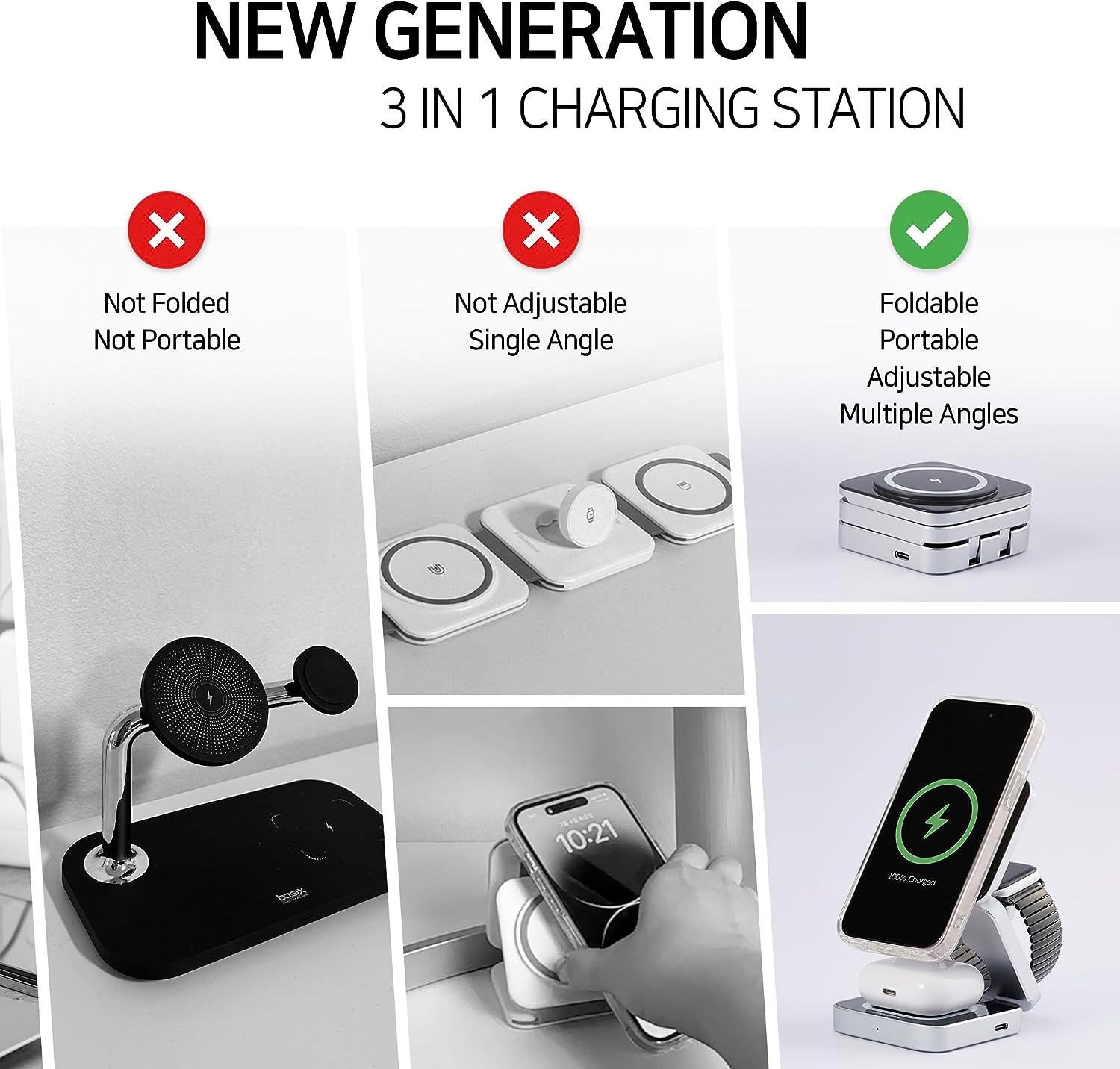 MagCHARGE HUB™  3 In 1 Foldable Magnetic Wireless Charger Stand For iPhone 15, 14, 13 Pro/Max/Plus, AirPods 3/2 Station Dock Fast Charger Holder - Welfre.com