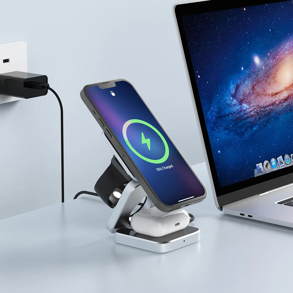 MagCHARGE HUB™  3 In 1 Foldable Magnetic Wireless Charger Stand For iPhone 15, 14, 13 Pro/Max/Plus, AirPods 3/2 Station Dock Fast Charger Holder - Welfre.com